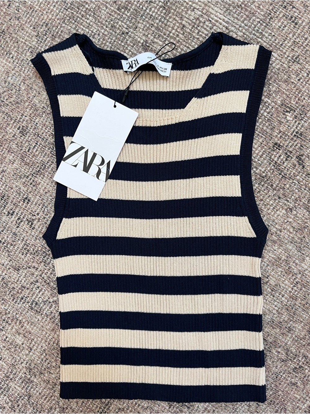 NWT Zara Navy and Cream Striped Ribbed Tank S